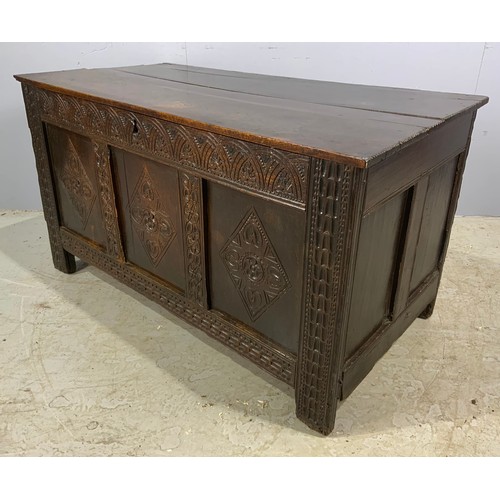 661 - ANTIQUE CARVED OAK COFFER NICE PATINA  WIDTH 130cm