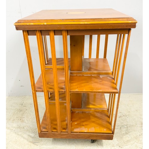 634 - REVOLVING BOOKCASE WITH INLAY STARBURST  DECORATION 79cm TALL