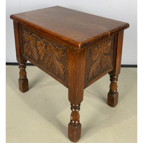 584 - CARVED OAK BOX STOOL WIDTH 46cm