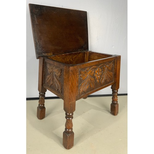 584 - CARVED OAK BOX STOOL WIDTH 46cm