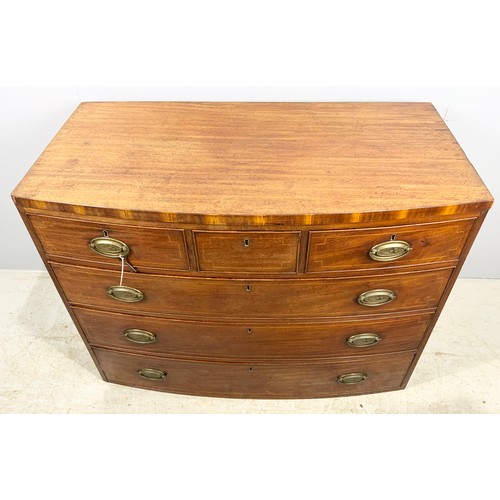 654 - INLAID MAHOGANY BOW FRONT CHEST OF  3 0VER 3 DRAWERS WIDTH 111cm