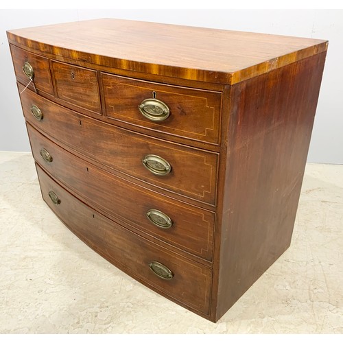 654 - INLAID MAHOGANY BOW FRONT CHEST OF  3 0VER 3 DRAWERS WIDTH 111cm