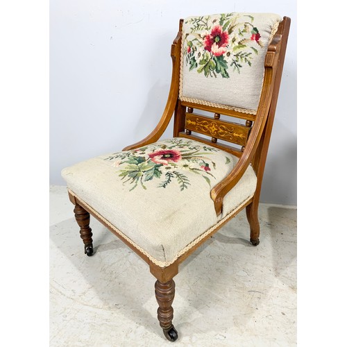 703 - INLAID EMBROIDERED BEDROOM CHAIR WITH A SIMILAR EMBROIDERED X STYLE  MAHOGANY STOOL