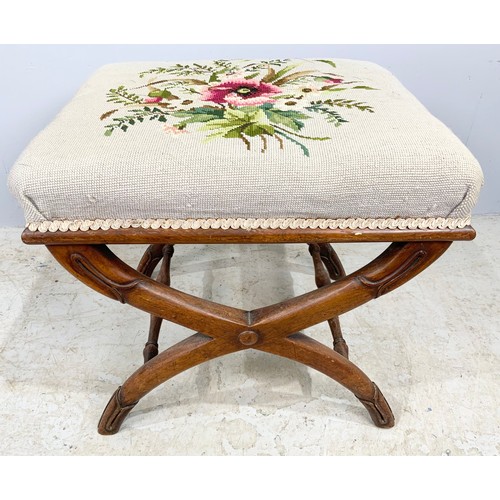 703 - INLAID EMBROIDERED BEDROOM CHAIR WITH A SIMILAR EMBROIDERED X STYLE  MAHOGANY STOOL