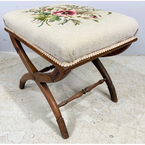 703 - INLAID EMBROIDERED BEDROOM CHAIR WITH A SIMILAR EMBROIDERED X STYLE  MAHOGANY STOOL