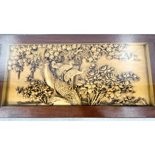 650 - ORIENTAL HARDWOOD OPIUM / COFFEE TABLE WITH INCRITATLEY CARVED CENTRAL PANEL WITH GLASS TOP 138cm x ... 