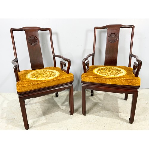 711 - SET OF 8  ORIENTAL HARDWOOD  DINING CHAIRS 2 CARVERS & 6 SINGLE