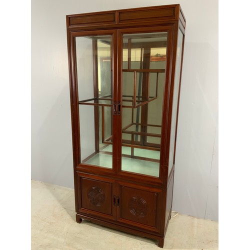 620 - ORIENTAL HARDWOOD DISPLAY CABINET WITH 2 DOOR CUPBOARD BELOW WIDTH 92cm , 199cm TALL