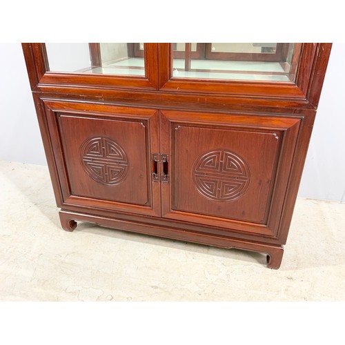 620 - ORIENTAL HARDWOOD DISPLAY CABINET WITH 2 DOOR CUPBOARD BELOW WIDTH 92cm , 199cm TALL