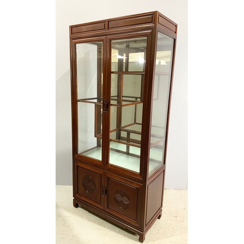 620 - ORIENTAL HARDWOOD DISPLAY CABINET WITH 2 DOOR CUPBOARD BELOW WIDTH 92cm , 199cm TALL