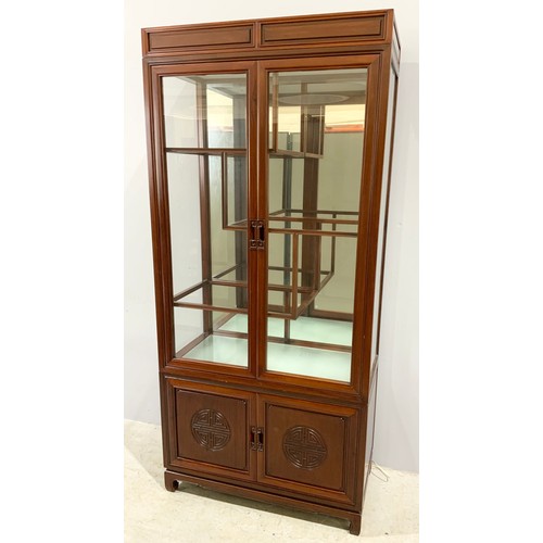 619 - ORIENTAL HARDWOOD DISPLAY CABINET WITH 2 DOOR CUPBOARD BELOW WIDTH 92cm , 199cm TALL OPTION ON NEXT ... 