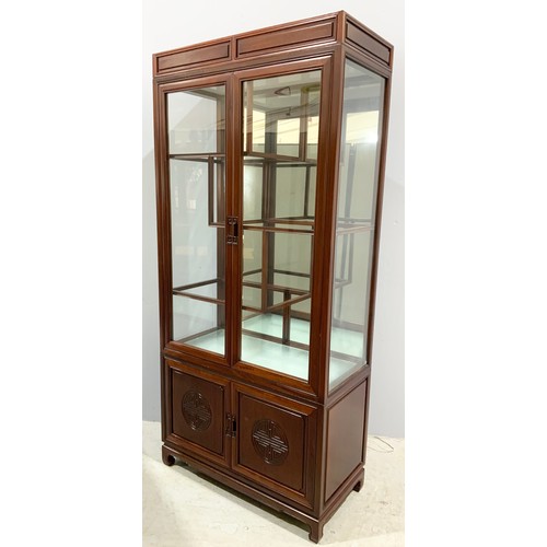 619 - ORIENTAL HARDWOOD DISPLAY CABINET WITH 2 DOOR CUPBOARD BELOW WIDTH 92cm , 199cm TALL OPTION ON NEXT ... 