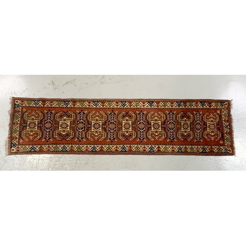 724 - PERSIAN TRADITIONAL RUST COLOURED HAND KNOTTED RUNNER APPROX 291X78