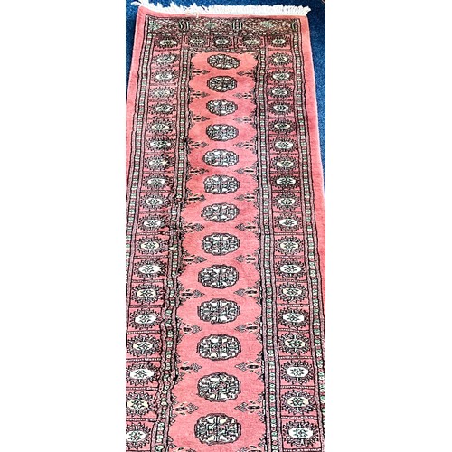 723 - EXTRA LONG ROSE GROUND BOKHARA RUNNER 548 cm Long x 66 cm Wide