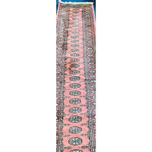 723 - EXTRA LONG ROSE GROUND BOKHARA RUNNER 548 cm Long x 66 cm Wide