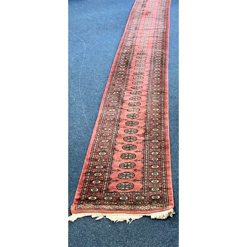 723 - EXTRA LONG ROSE GROUND BOKHARA RUNNER 548 cm Long x 66 cm Wide