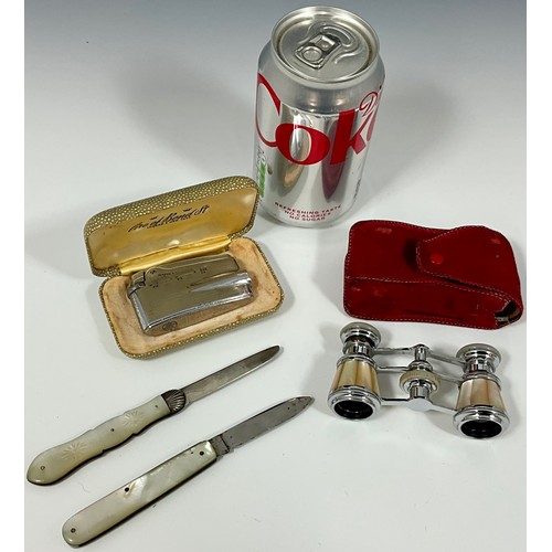 425 - MISC. INC. MOTHER OF PEARL OPERA GLASSES, RONSON VARIFLAME LIGHTER AND 2 MOTHER OF PEARL HANDLE FRUI... 