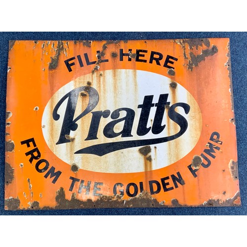 1 - ENAMEL ADVERTISING SIGN, PRATTS FILL HERE FROM THE GOLDEN PUMP, APPROX 122 X 92 CM