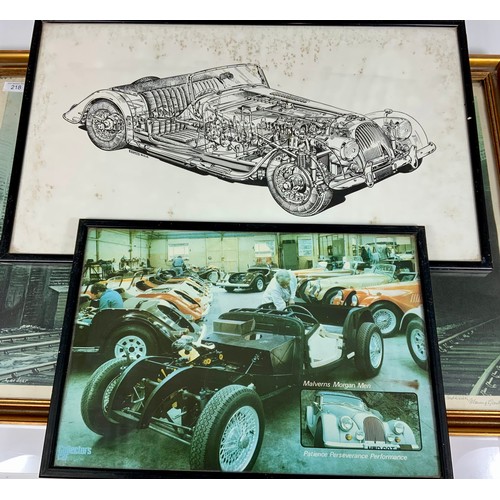 218 - FRAMED PRINT OF GWR KING BY MAURICE GARDINER (SIGNED) PLUS TWO MORGAN CAR PRINTS