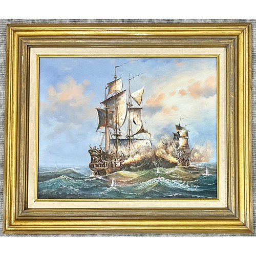 7 - J HARVEY (20TH CENTURY): BATTLESHIPS EXCHANGING CANNON FIRE, FRAMED OIL ON CANVAS. 49 x 39cm Approx.