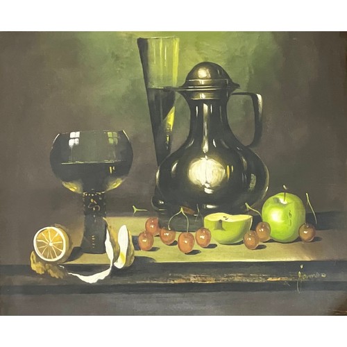 5 - OIL ON CANVAS STILL LIFE OF AN EWER, GLASS AND FRUIT IN THE STYLE OF ANDREAS GYULA BUBARNIK. SIGNATU... 