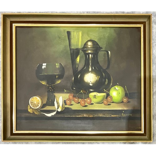 5 - OIL ON CANVAS STILL LIFE OF AN EWER, GLASS AND FRUIT IN THE STYLE OF ANDREAS GYULA BUBARNIK. SIGNATU... 