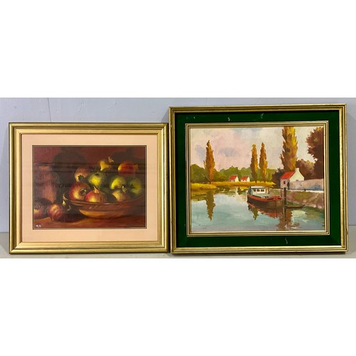 15 - 2 OILS, STILL LIFE FRUIT AND POSSIBLY A FRENCH CANAL SCENE WITH BARGE