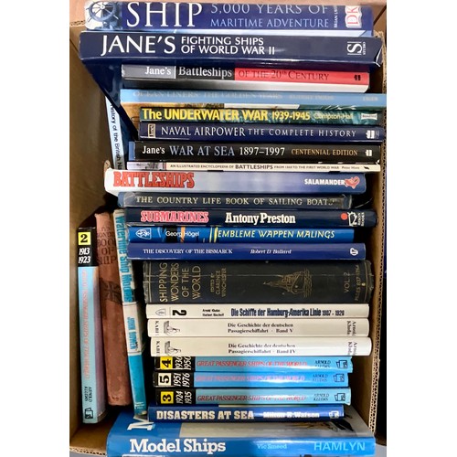 93 - GOOD SELECTION OF NAVAL SHIP AND PASSENGER LINER RELATED BOOKS. TWO LARGE BOXES