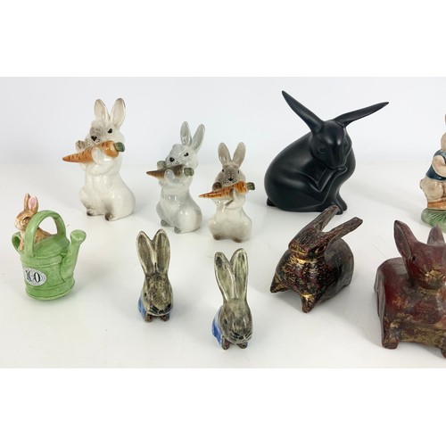 114 - COLLECTION OF CERAMIC AND OTHER RABBITS, TRIO LOMONSOV RUSSIA,FREDERICK WARNE, PETER RABBIT IN WATER... 