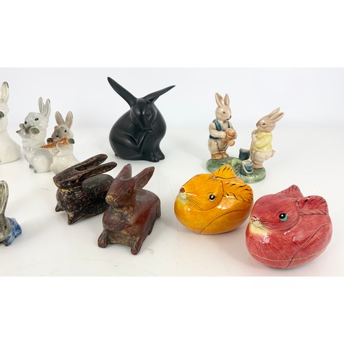 114 - COLLECTION OF CERAMIC AND OTHER RABBITS, TRIO LOMONSOV RUSSIA,FREDERICK WARNE, PETER RABBIT IN WATER... 