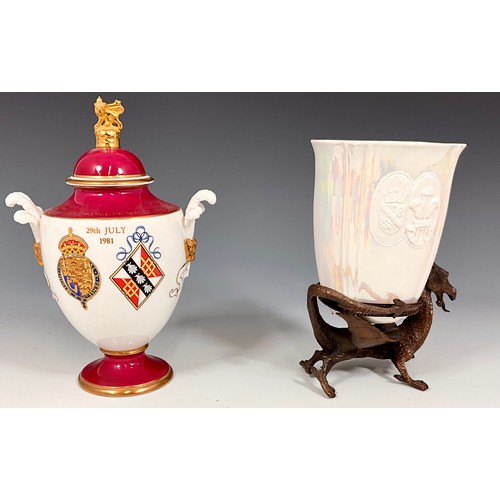 124 - ROYAL WORCESTER CHARLES AND DIANA COMMEMORATIVE VASE ON BRONZE DRAGON STAND TOGETHER WITH A COMMEMOR... 