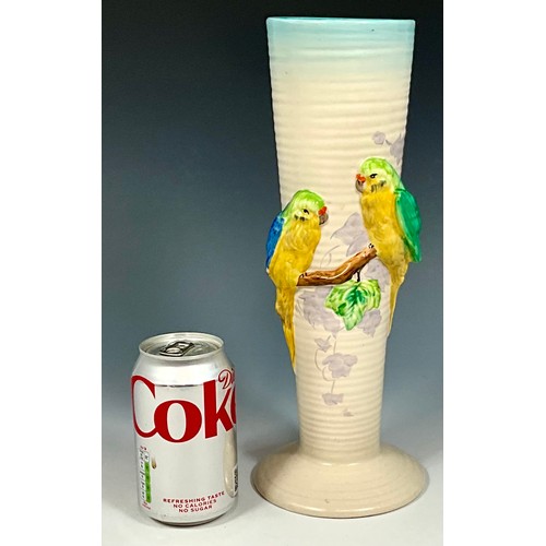 122 - A CLARICE CLIFF HAND PAINTED FUNNEL VASE, WITH PARROT DECORATION, NEWPORT POTTERY, NO CHIPS OR CRACK... 