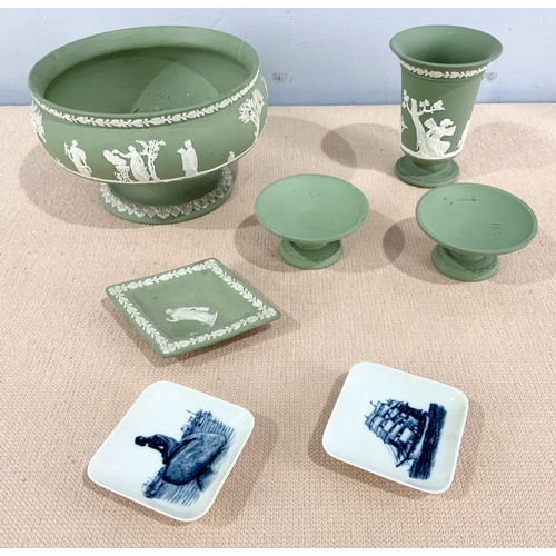 143 - QUANTITY OF GREEN JASPERWARE, TWO ROYAL COPENHAGEN DISHES