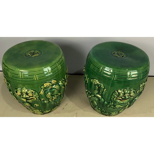 175 - PAIR OF ORIENTAL CERAMIC STOOLS / SEATS  WITH EMBOSED DRAGON DECORATION IN A GREEN GLAZE 38cm TALL