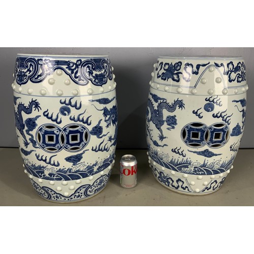 176 - PAIR OF BLUE & WHITE WITH DRAGON DECORATION ORIENTAL DRUM SEATS / STOOLS. 50cm TALL