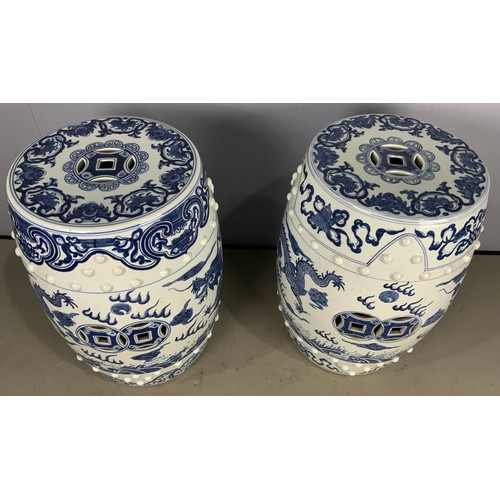 176 - PAIR OF BLUE & WHITE WITH DRAGON DECORATION ORIENTAL DRUM SEATS / STOOLS. 50cm TALL