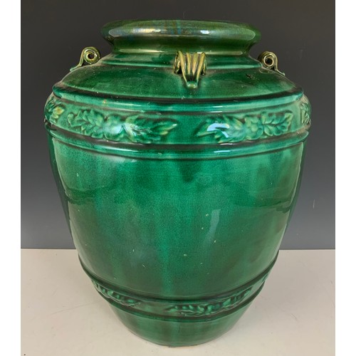 177 - LARGE GREEN GLAZED VASE WITH MOULDED AND APPLIED DECORATION 47cm TALL