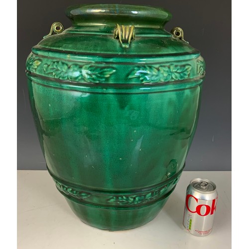 177 - LARGE GREEN GLAZED VASE WITH MOULDED AND APPLIED DECORATION 47cm TALL