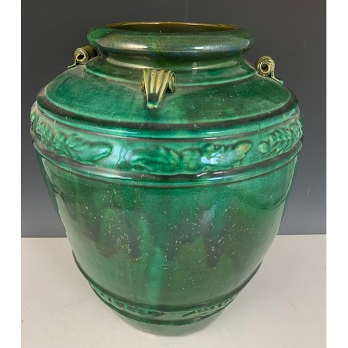 177 - LARGE GREEN GLAZED VASE WITH MOULDED AND APPLIED DECORATION 47cm TALL