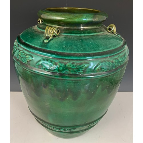 177 - LARGE GREEN GLAZED VASE WITH MOULDED AND APPLIED DECORATION 47cm TALL