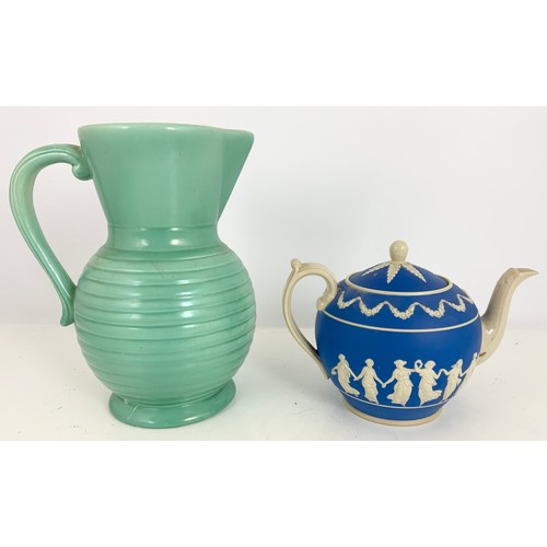 183 - JASPER WARE TEAPOT AND A LARGE RIBBED JUG