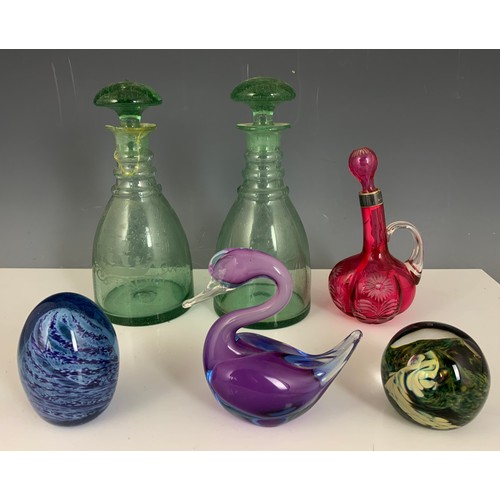 215 - COLOURFUL GLASSWARE INC PAIR ANTIQUE GREEN DECANTERS , RUBY GLASS WITH SILVER COLLAR , 2 PAPERWEIGHT... 