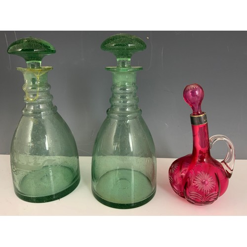 215 - COLOURFUL GLASSWARE INC PAIR ANTIQUE GREEN DECANTERS , RUBY GLASS WITH SILVER COLLAR , 2 PAPERWEIGHT... 