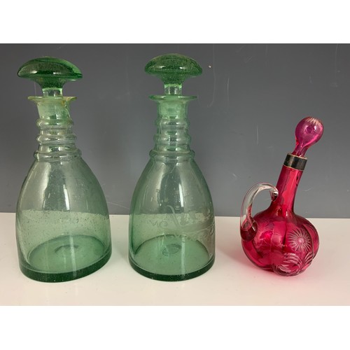 215 - COLOURFUL GLASSWARE INC PAIR ANTIQUE GREEN DECANTERS , RUBY GLASS WITH SILVER COLLAR , 2 PAPERWEIGHT... 