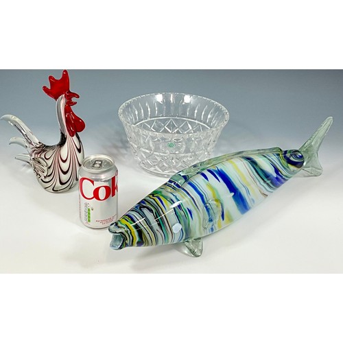 201 - LARGE GLASS FISH, MURANO GLASS COCKEREL AND A GALWAY IRISH LEAD CRYSTAL BOWL