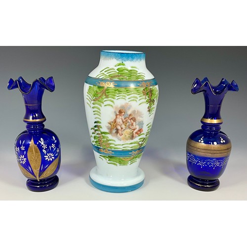 211 - TWO VICTORIAN BRISTOL BLUE GILT DECORATED VASES T/W AN ANTIQUE FRENCH OPALINE GLASS VASE WITH CHERUB... 