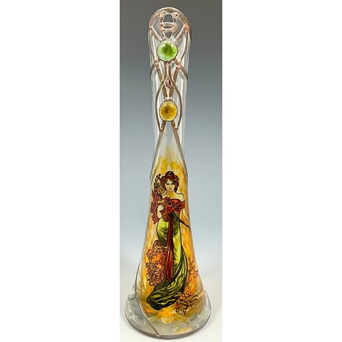 202 - AFTER ALPHONSE MUCHA HAND PAINTED ART NOUVEAU SUMMER VASE BY SEKYT ART STUDIO. Approx. 35cm Tall