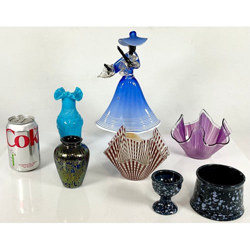 205 - A MURANO GLASS FIGURINE, BRIERLEY IRIDESCENT VASE, ARTHUR WOOD SUGAR BOWL AND EGG CUP T/W THREE PIEC... 