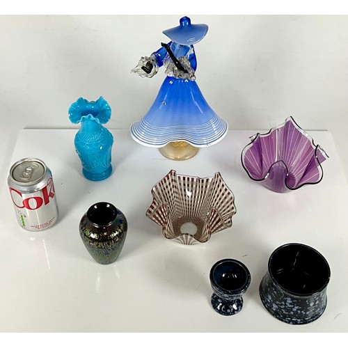 205 - A MURANO GLASS FIGURINE, BRIERLEY IRIDESCENT VASE, ARTHUR WOOD SUGAR BOWL AND EGG CUP T/W THREE PIEC... 