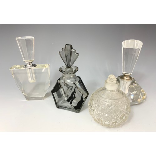 238 - CUT GLASS ART DECO STYLE PERFUME BOTTLES, 1 VINTAGE PRESSED GLASS PERFUME BOTTLE (4)